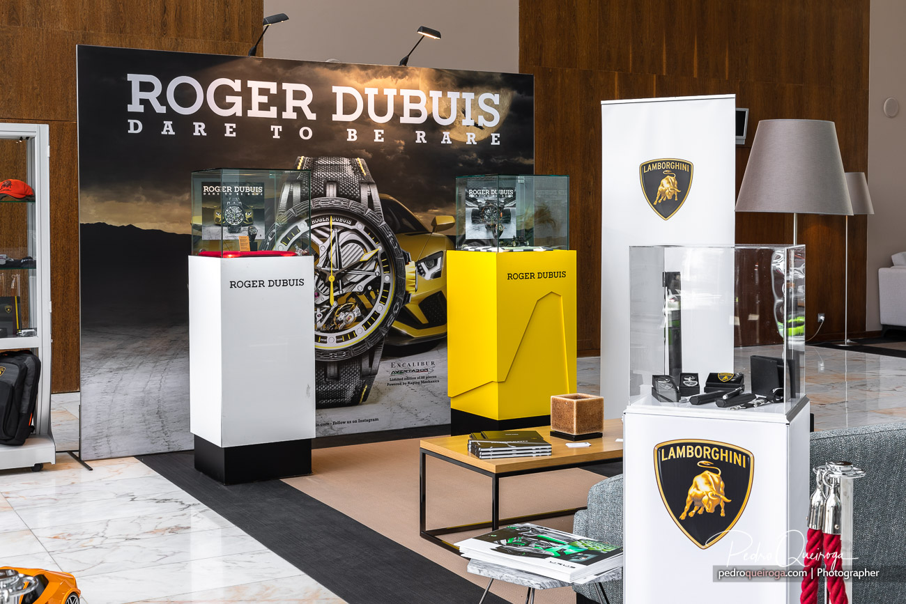 Side perspective of the Roger Dubuis and Lamborghini stand