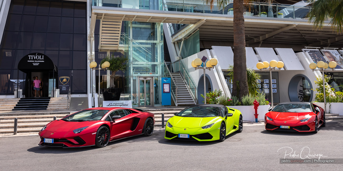 Three Lamborghini cars parked in front of the Tivoli Marinotel